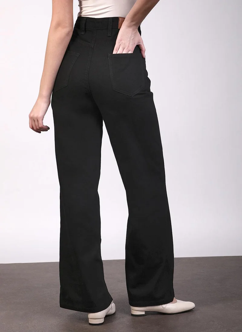 Urbano Fashion  Urbano Fashion Women's Black Regular Fit Wide Leg Mild Distressed/Knee Slit Washed Jeans for Women | Best Price UAE